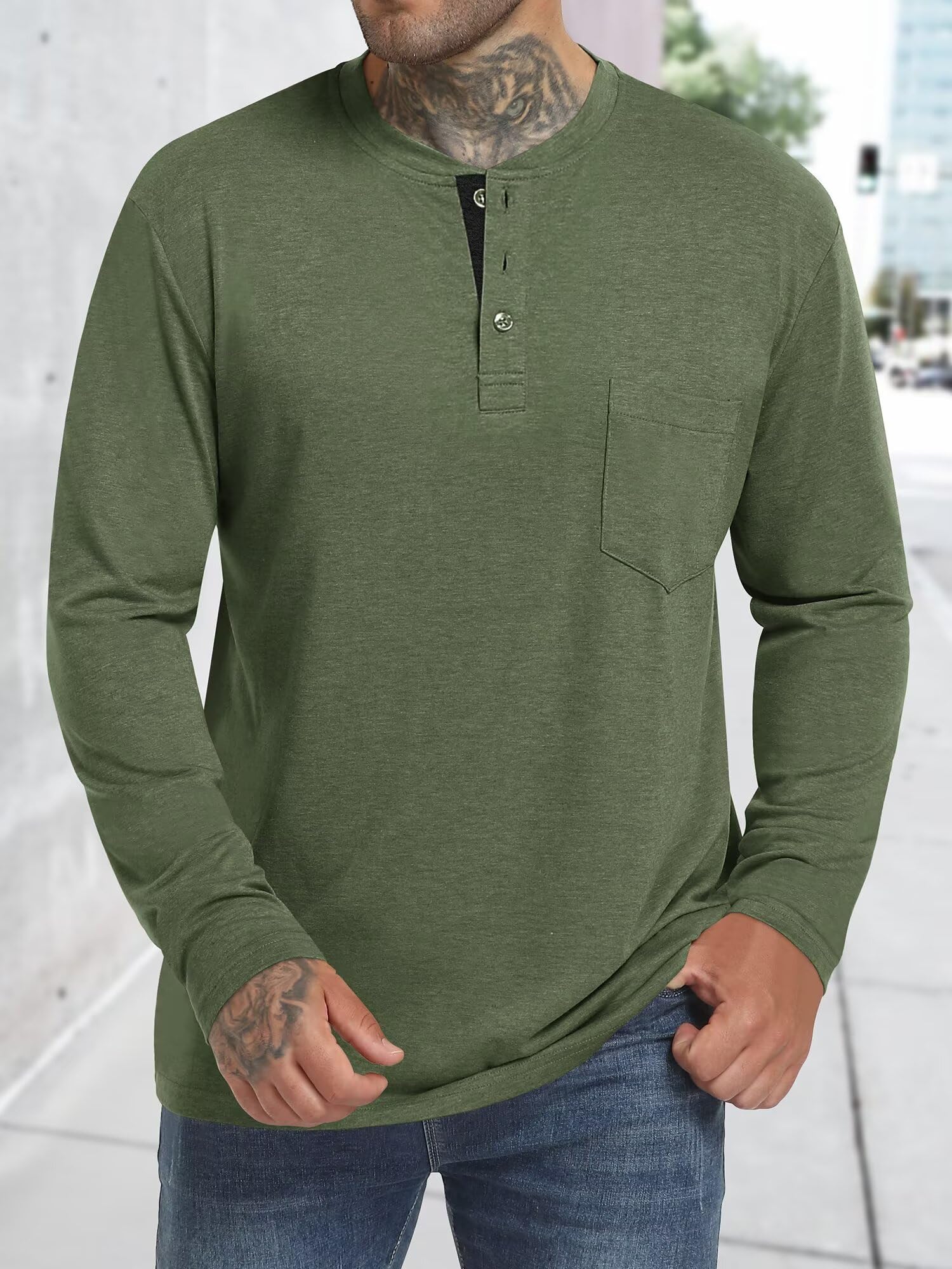 Henley Men's Long Sleeve Casual Fashion Button Down Pocket Shirt