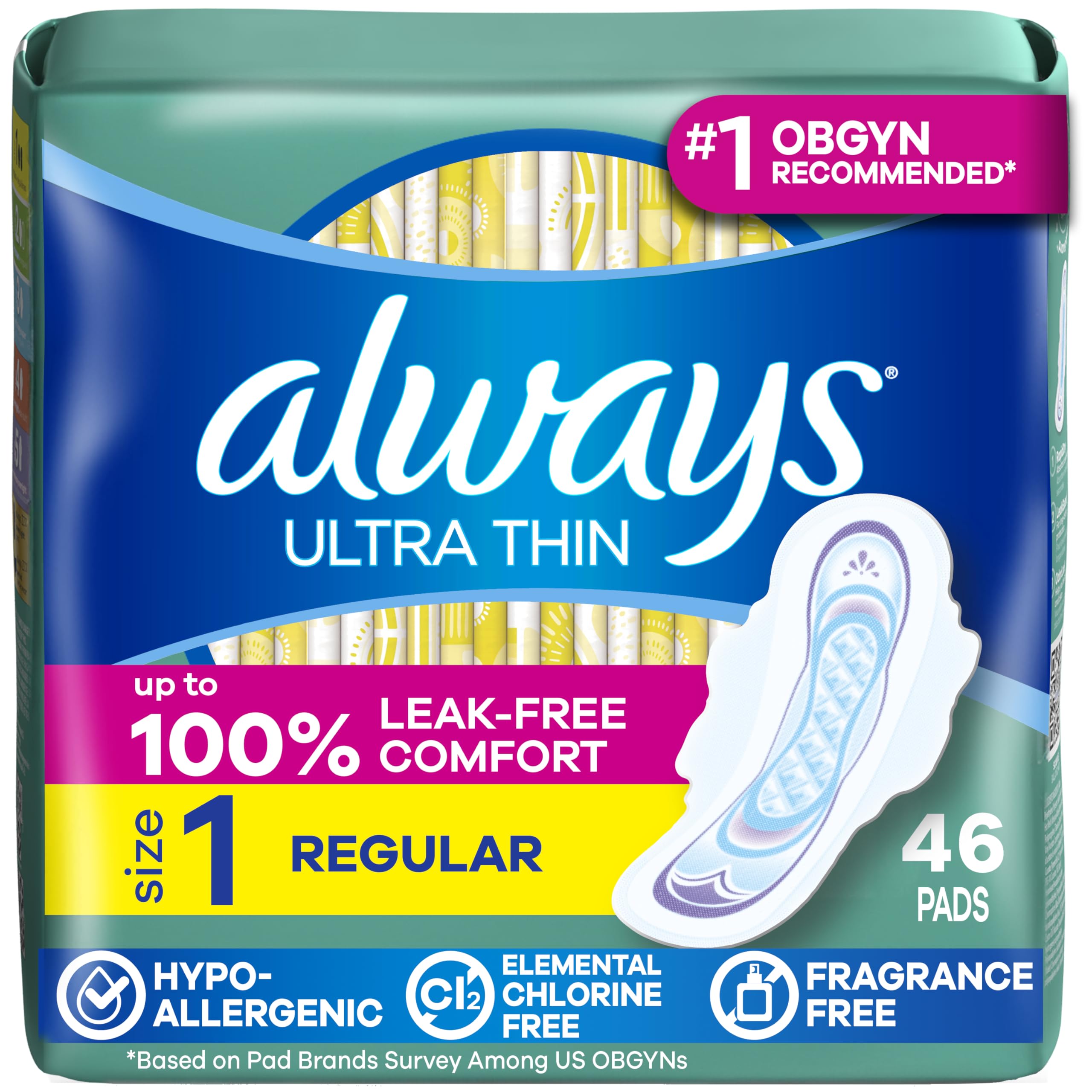 Always Ultra Thin Feminine Pads with Wings for Women, Size 1, Regular Absorbency