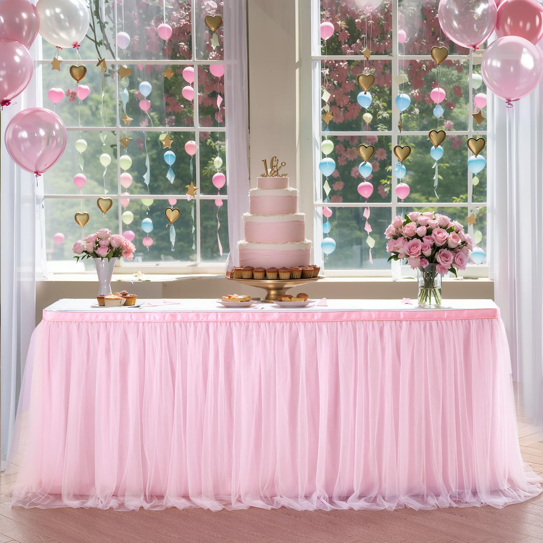 Suppromo 6ft Pink Tulle Table Skirt Baby Shower Tablecloth for Rectangle Tables 