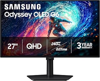Samsung 27" Odyssey OLED G6 (G61SH) QD-OLED, QHD (1440P) Gaming Monitor | 240Hz, 0.03ms, Glare-Free, Pantone Validated, HDR10, Height-adjustable stand, OLED Safeguard, 3 Yr Warranty (LS27HG612SNXZA)