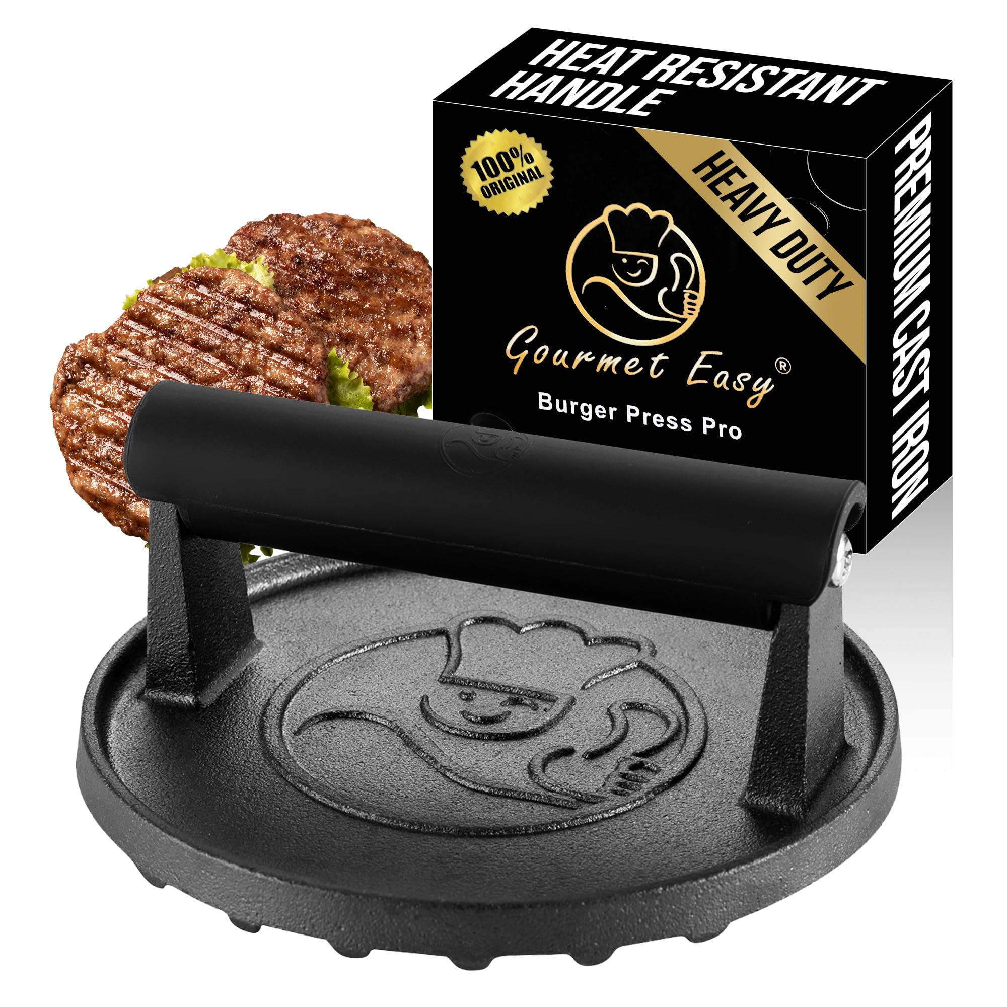 Gourmet Easy Cast Iron Smash Burger Press with Heat Resistant Handle