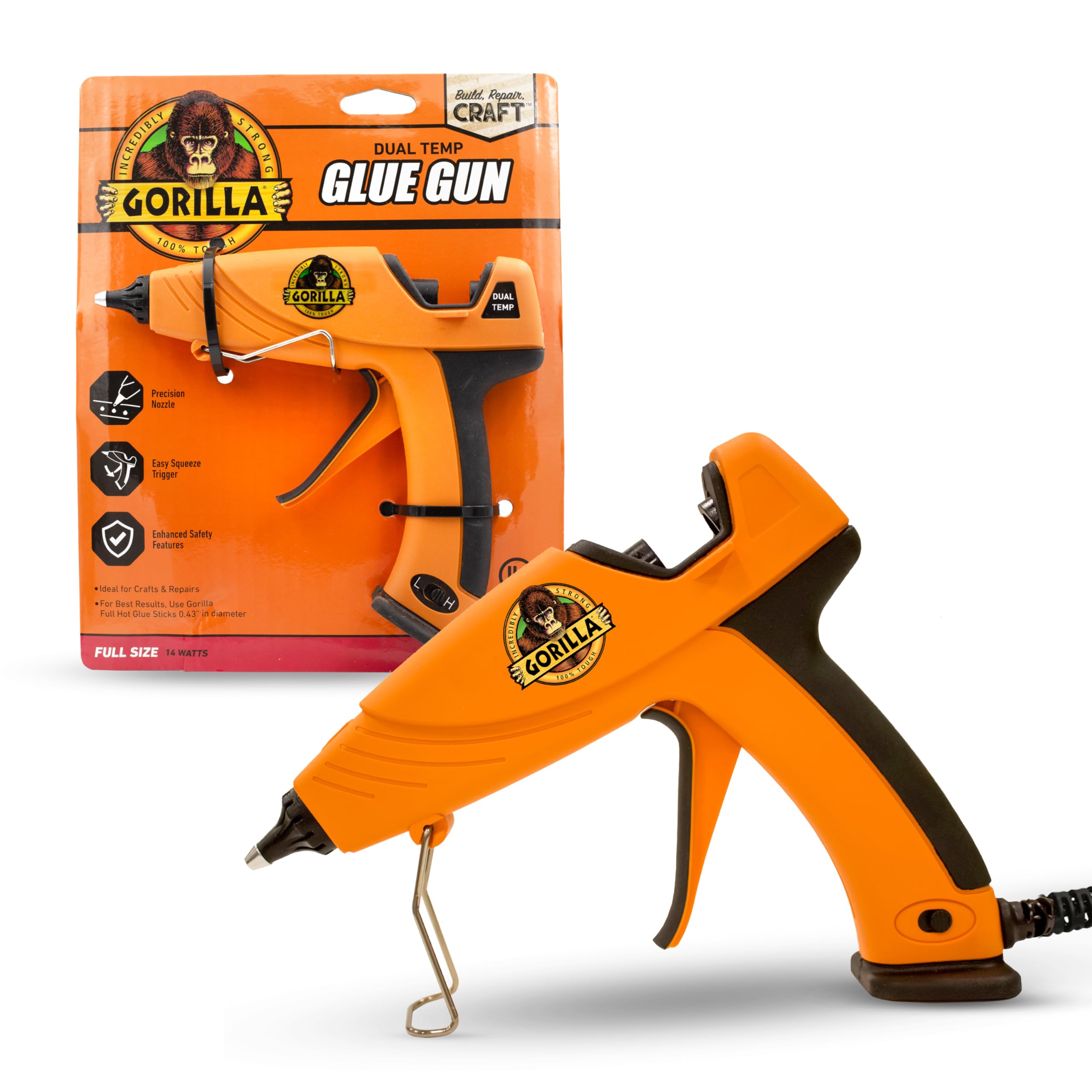 Gorilla Dual Temp Full Size Hot Glue Gun, Precision Nozzle | Easy Squeeze Trigge
