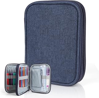Katech Crochet Hooks Case - Portable Travel Crochets Storage Case Blue | Crochet Hook Holder with Zipper, Web Pocket, and Holders Slots for Various Accessories Crochets Needles