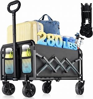280LBS Collapsible Wagon Cart Foldable Lightweight Grocery Cart | 2 Cup Holders, Folding Utility Cart with All-Terrain Wheels, Heavy Duty, Portable, Grocery/Shopping/Garden/Sports