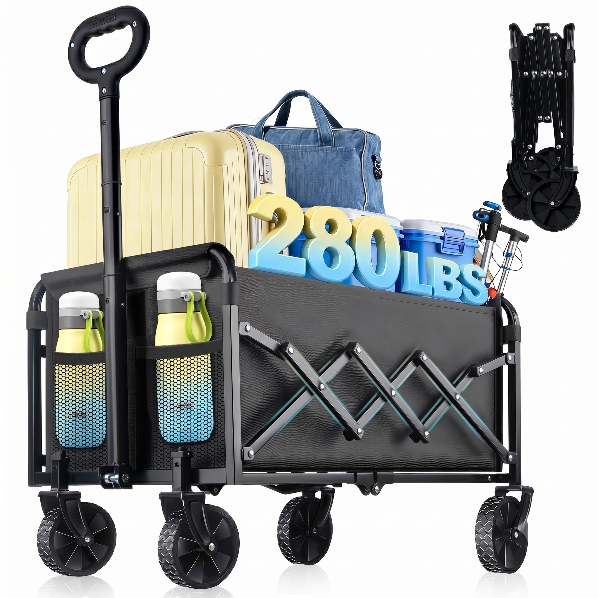 280LBS Collapsible Wagon Cart Foldable Lightweight Grocery Cart | 2 Cup Holders,