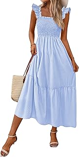 PRETTYGARDEN Abito estivo da donna casual con scollo quadrato con volant e cinturino a quadretti con punto smock Midi Flowy A Line Beach Vacanze Abiti da sole