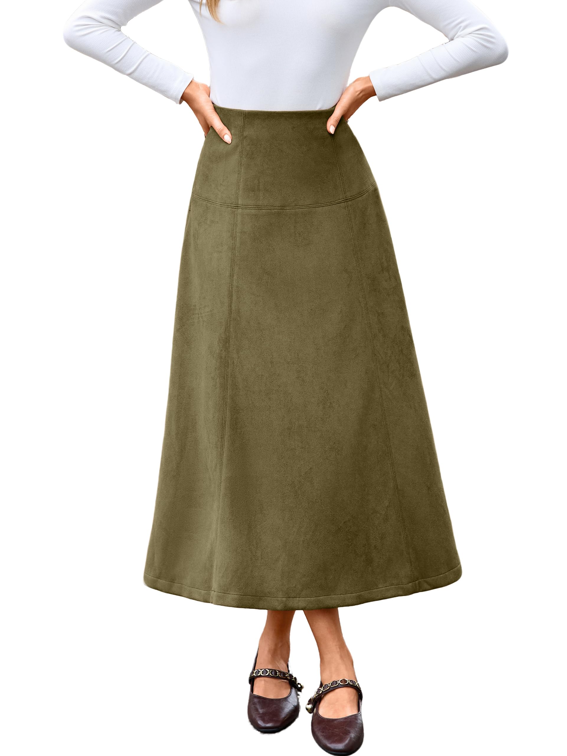 Simplee Womens Faux Suede Midi Skirt High Waist A Line Fall Skirt