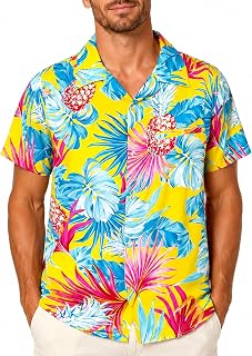 King Kameha Men’s Hawaiian Shirt Short Sleeve – Aloha Summer Shirt with Pineapple Leaves Print, Lightweight and Easy Care