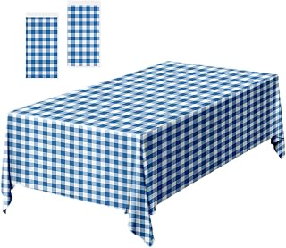 2 Pack Navy Blue Gingham Tablecloth 54 × 108 Inch Blue and White Checkered Table Cloth Plastic Rectangle Table Cover for Picnic Birthday Baby Shower Party Gingham Tablecloth Disposable