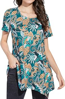 Enmain Women's Tunic Tops Short Sleeve Casual Ladies Tunics Floral Printed Longline Blouses T-Shirts Round Neck Stretch Comfortable S-3XL