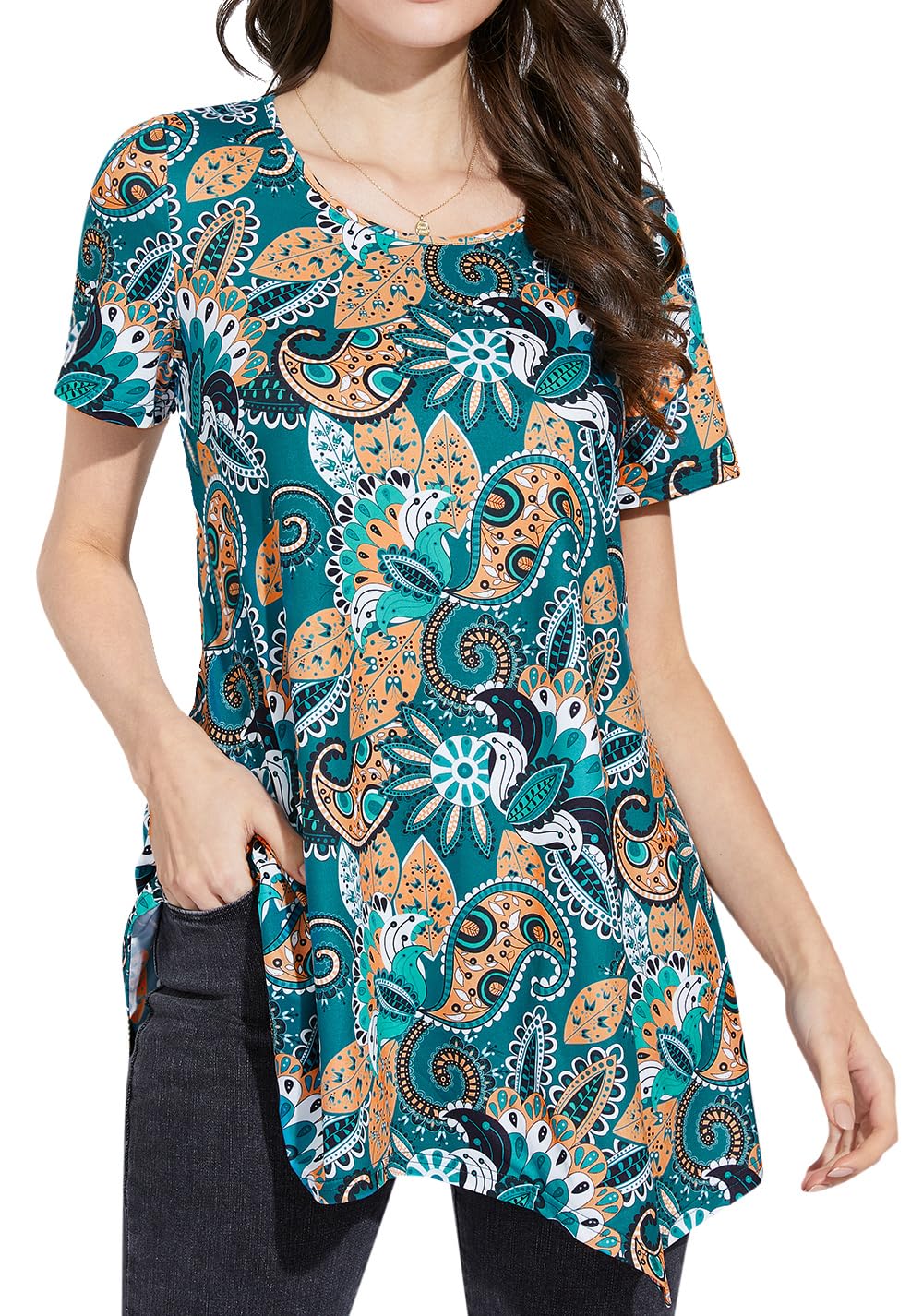 Enmain Women's Tunic Tops Short Sleeve Casual Ladies Tunics Floral Printed Longl