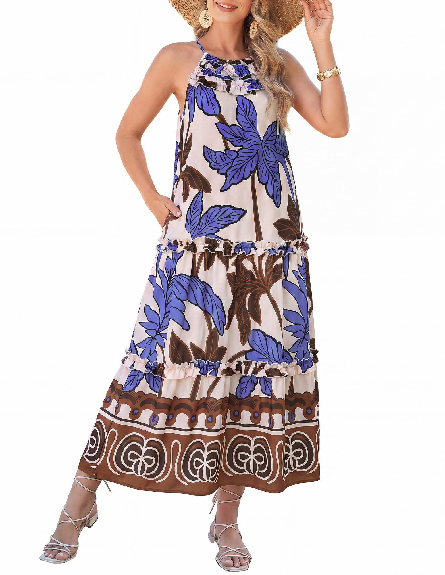 GRACE KARIN 2026 Women's Floral Halter Maxi Dress Boho Summer Beach Sundress wit