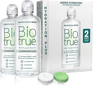 Biotrue Hydration Plus Multi-Purpose Contact Lens Solution, 10 oz 2 Pack | Includes 2 x 10 oz bottles + lens cases, hyaluronic acid formula, cleans, disinfects, all-day comfort