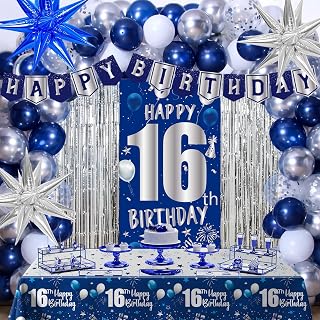16th Birthday Decorations for Boys Girls, Blue Happy 16th Birthday Decoration Boy, Sweet 16 Party Decorations 16 Year Old BIRTHDAY Tablecloth Door Banner Foil Backdrop Star Balloons