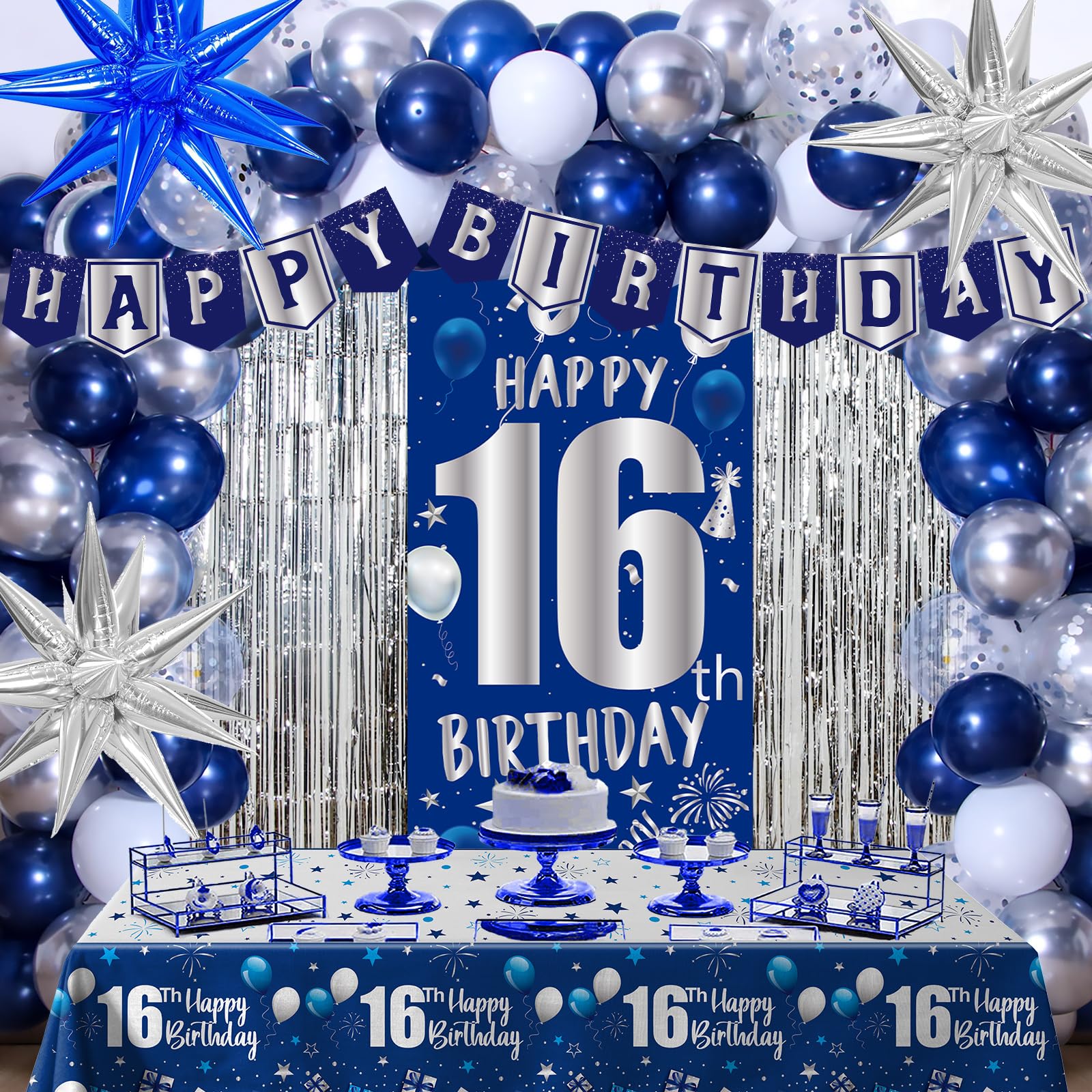 16th Birthday Decorations for Boys Girls, Blue Happy 16th Birthday Decoration Bo