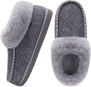 KuaiLu Women's Winter Warm Closed Slippers Felt Plush Leather Comfortable Memory Foam Slippers for Home Non-Slip Sole