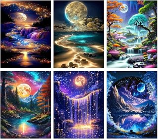 Canrichshop 6 Packs Diamond Art Painting Kits for Adults,Beach Moon Diamond Painting Kits for Beginners,Landscape 5D Full Drill Diamond Dots,Gem Art Crafts for Adults Wall Decor 12x16inch