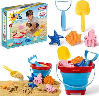 Beach Sand Toys Set for Toddlers, Portable Travel Beach Toys with Collapsible Bucket, Shovel, Rake, 3 Molds & Mesh Storage Bag for Kids, Summer Gift