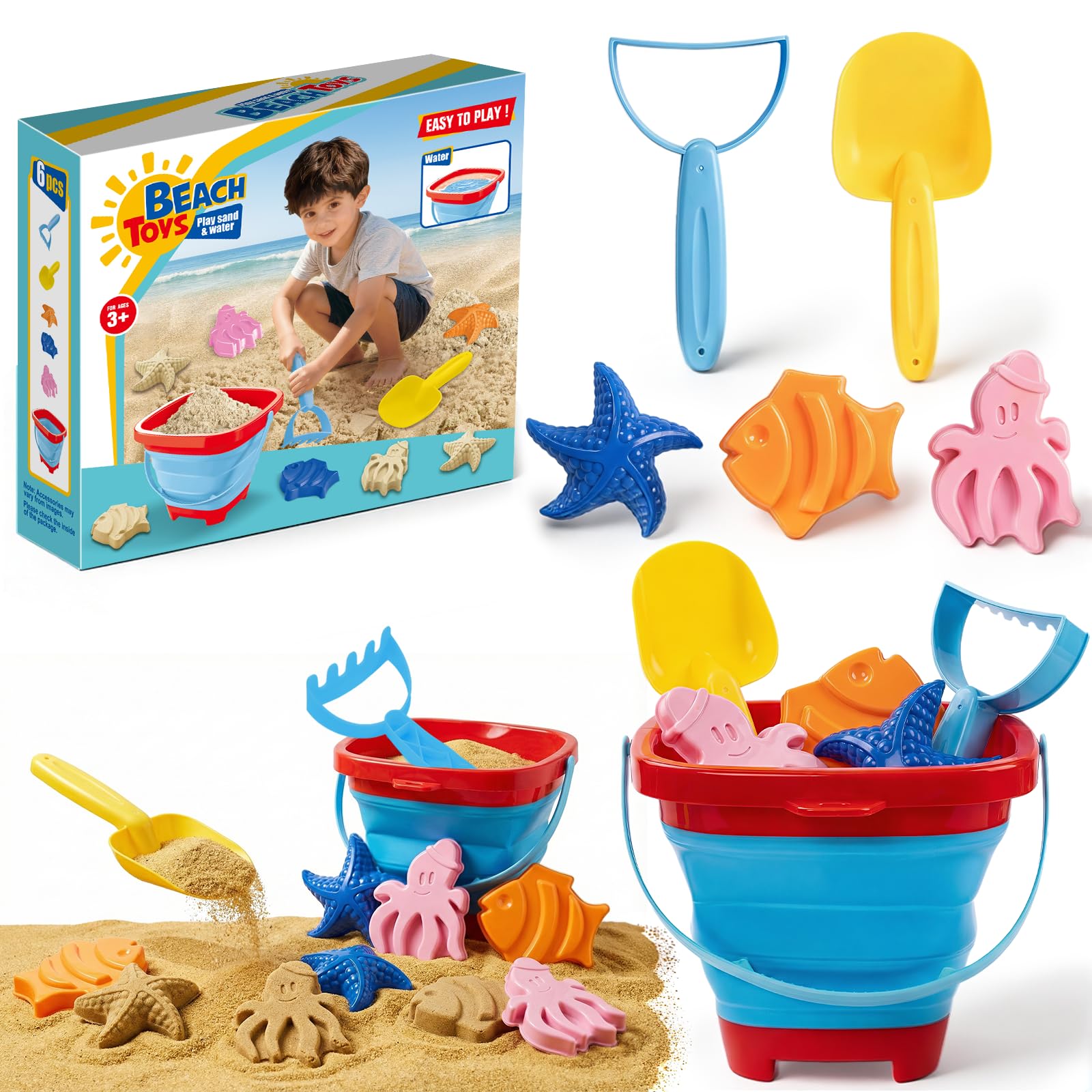 Beach Sand Toys Set for Toddlers, Portable Travel Beach Toys with Collapsible Bu