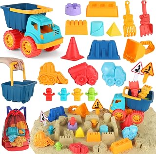 Elovien Beach Sand Toys, Large Dump Truck with Bucket, Sandbox Toy Construction Building Kit with Mesh Bag, Sand Molds, Shovels, Rakes, Summer Outdoor Travel Toys for Kids Toddlers Boys Girls