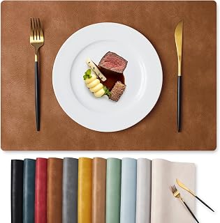 MOSAYT Vinyl Faux Leather Placemats, Set of 6, Reddish Brown | Heat Resistant Table Place Mats, Waterproof Oil-proof, Non Slip, Wipeable, Reversible, For Kitchen, Dining, Party, 17"x12"