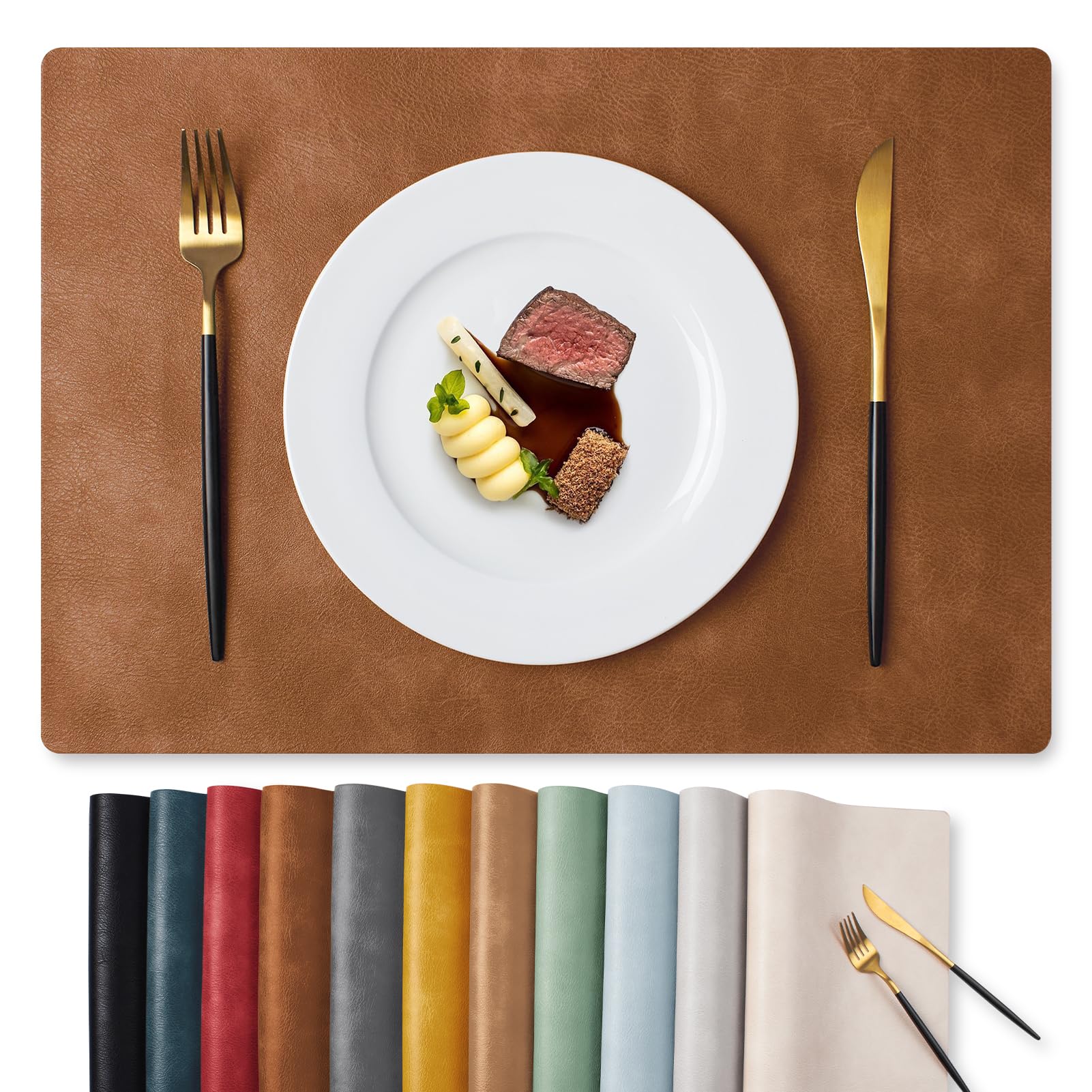 MOSAYT Vinyl Faux Leather Placemats, Set of 6, Reddish Brown | Heat Resistant Ta