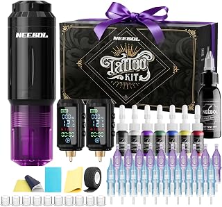 Neebol Wireless Tattoo Gun Kit, 2PCS Batteries Set for Beginners & Artists | Purple Dual 1600mAh Tattoo Machine kit 20 Cartridge Needles & 8 Color Inks, Full Tattoo Supplies for Home & Studio practice