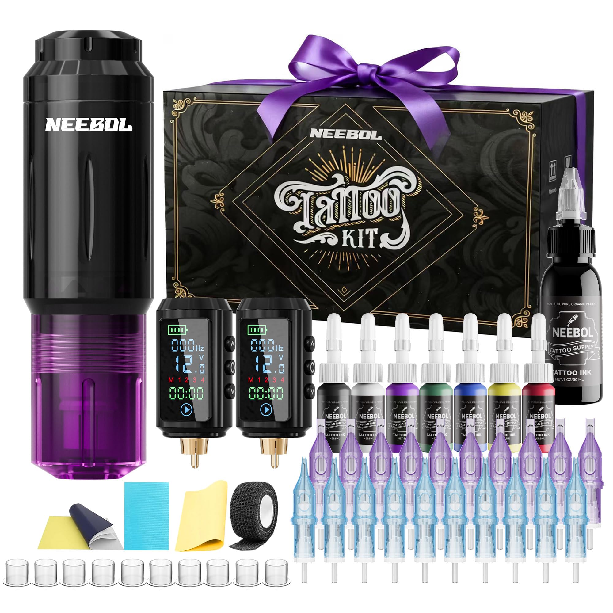 Neebol Wireless Tattoo Gun Kit, 2PCS Batteries Set for Beginners & Artists | Pur