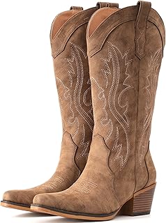 IUV Cowboy Boots For Women Western Cowgirl Boots Mid Calf Snip Toe | Chunky Heel Ideal for low insteps
