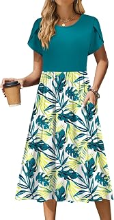 Zeagoo Women Summer Short Sleeve Midi Dress with Pockets Casual Aline T-Shirt Dress Floral Work Beach Summer Dress
