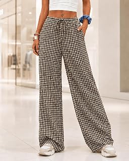 Plaid Pants for Women with Drawstring Elastic Waist, Casual Wide Leg Loose Pants, Lightweight Lounge Pants