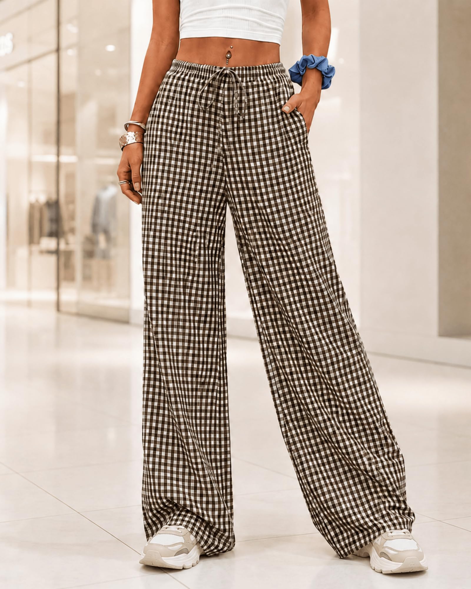 Plaid Pants for Women with Drawstring Elastic Waist, Casual Wide Leg Loose Pants