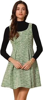 Allegra K Tweed Dress for Women's Pinafore Overall A-Line Plaid Tank Dress