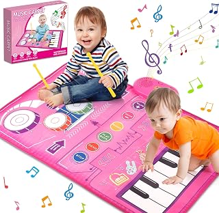 Pakoo 2 in 1 Toddler Music Mat with Keyboard & Drum, 1 Year Old Girl Gift, Early Educational Musical Baby Toys with 2 Drum Sticks Sensory Toys for Toddlers 1-3, First Birthday Gifts for Girls & Boys