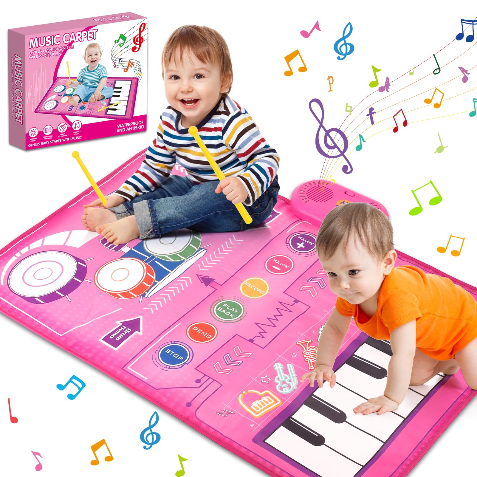 Pakoo 2 in 1 Toddler Music Mat with Keyboard & Drum, 1 Year Old Girl Gift, Early