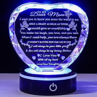 YWHL Moms Birthday Gifts from Daughters with Colorful LED Base Crystal Heart Keepsakes to My Dear Mom Presents for Mom on Mother's Day Thanksgiving Day