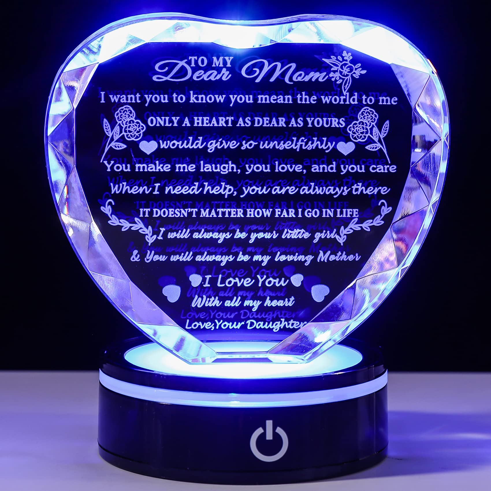 YWHL Moms Birthday Gifts from Daughters with Colorful LED Base Crystal Heart Kee