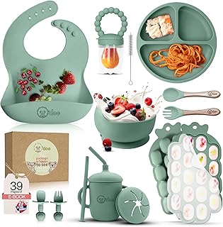 O'doe™ Baby Weaning Set – 15 Pcs Silicone Baby Feeding Set with Suction Plate, Bowl, Bib, Sippy Cup, Fruit Feeder & Freezer Tray – Baby Plates and Bowls Set for 3M+ | BPA-Free Baby Dishes & Utensils