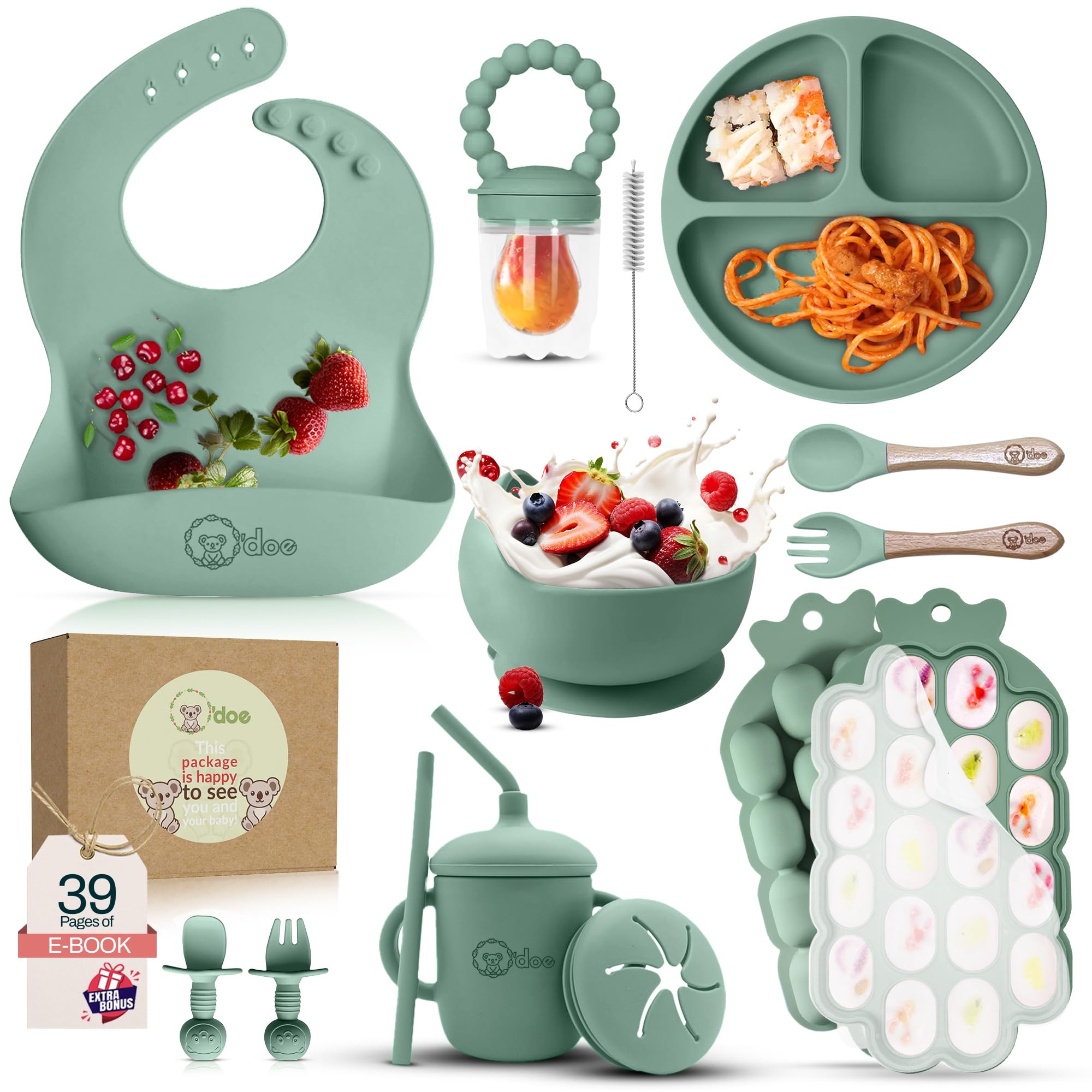 O'doe™ Baby Weaning Set – 15 Pcs Silicone Baby Feeding Set with Suction Plate, B