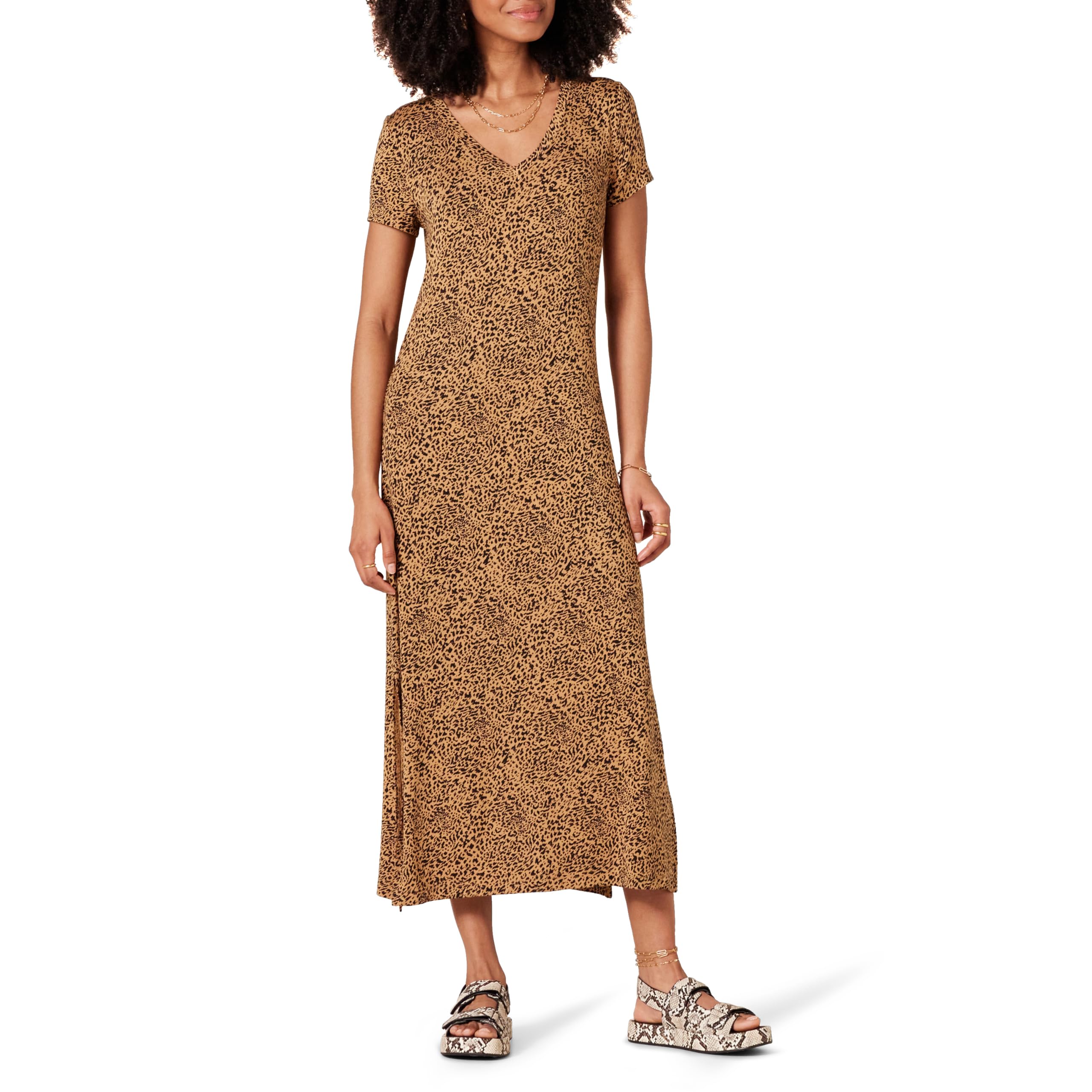 Amazon Essentials Women's V-Neck Short Sleeve Knit Midi Dress