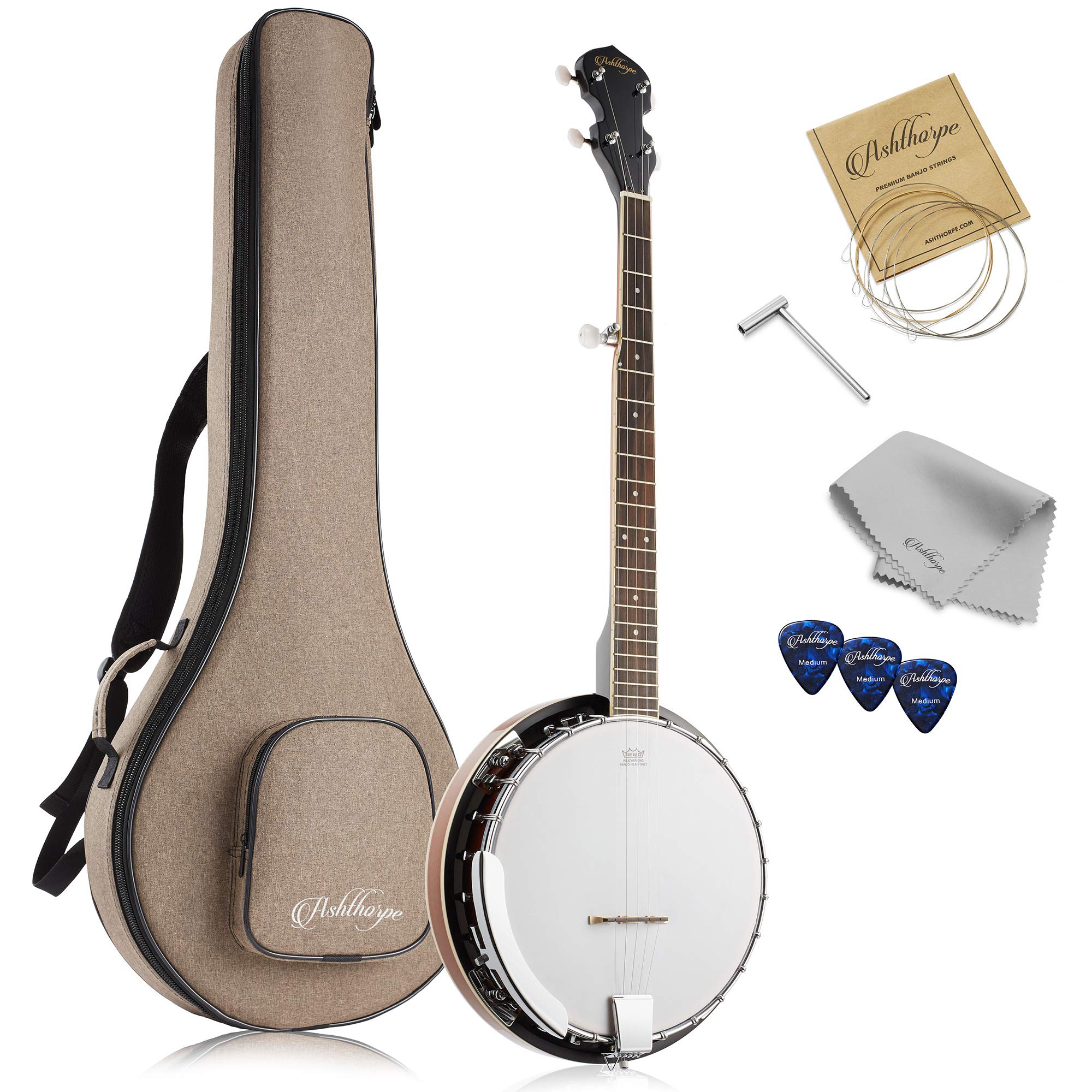 Ashthorpe 5-String Banjo - Full Size with 24 Brackets, Closed Back, Mahogany Res