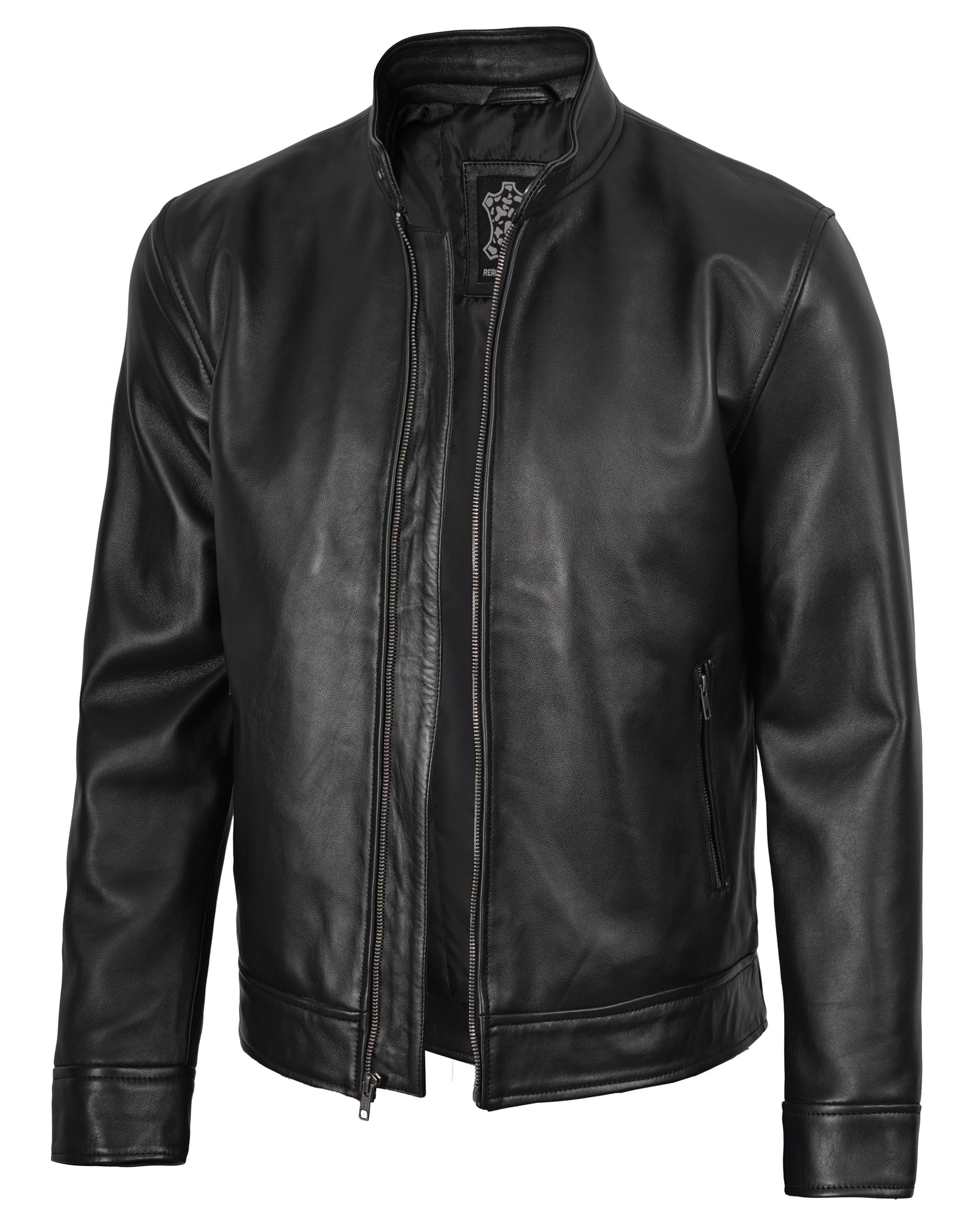 fjackets Cafe Racer Leather Jacket Men - Real Lambskin Moto Biker Style Genuine 