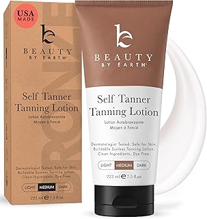 Beauty by Earth Self Tanner - USA Made with Natural &amp; Organic Ingredients | Moisturizing Self Tanning Lotion with Aloe Vera &amp; Coconut for a Natural Glow, Streak-Free Fake Tan (Medium)