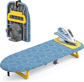 KINGBOARD Small Ironing Board with Iron Holder,12x32 Black & Yellow | Tabletop Ironing Board with Heat Resistant Cover, Foldable Mini Iron Board with Non-Slip Feet, Easy Storage for Travel & Dorm