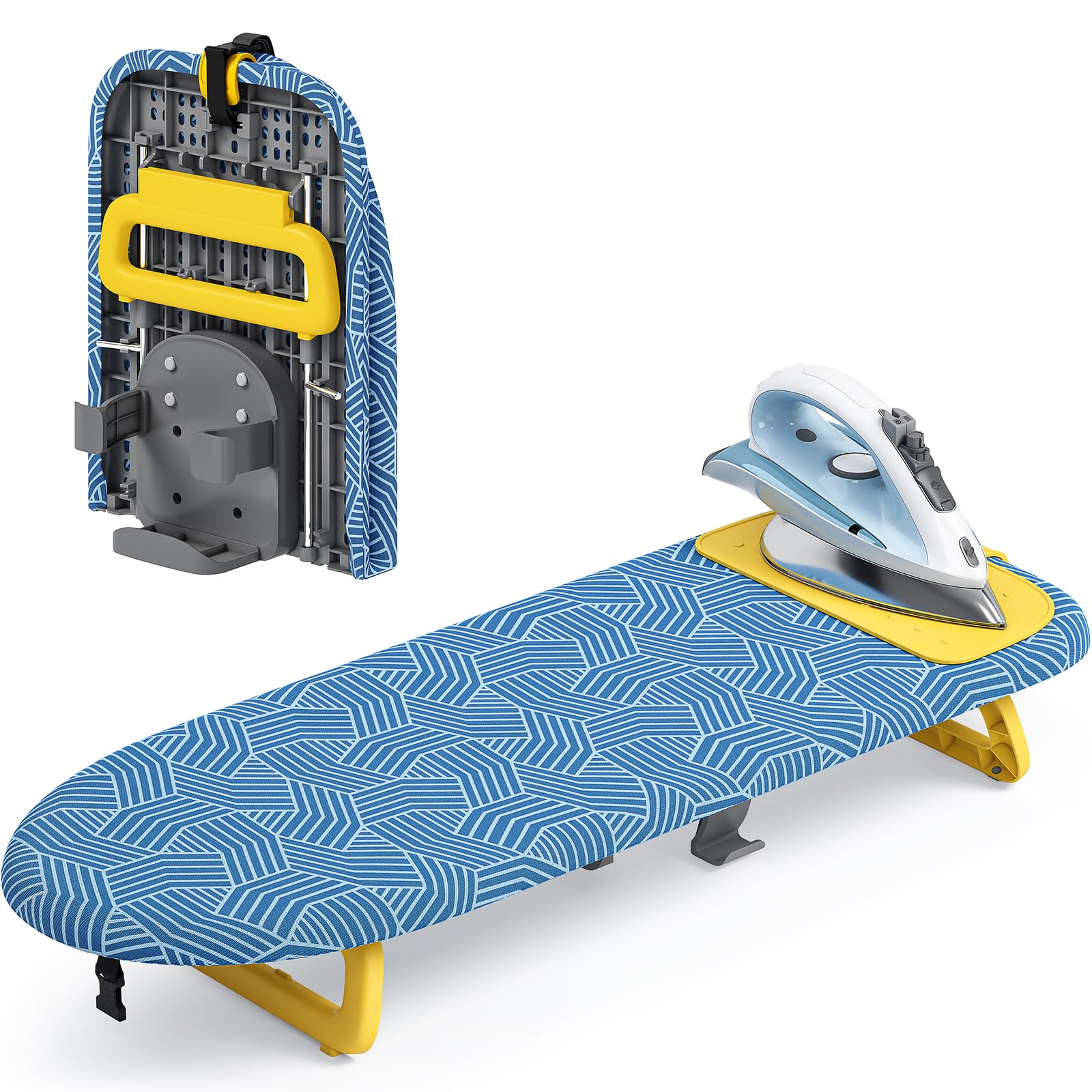 KINGBOARD Small Ironing Board with Iron Holder,12x32 Black & Yellow | Tabletop I
