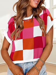 Womens Cap Sleeve Crop Tops Summer Color Block Shirts Going Out Crew Neck Knit Trendy Casual Sweater