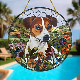 Colorful Acrylic Dog Suncatcher 7" Hanging Window Decoration with Stained Glass Style Printed Pattern Gift and Garden Decor for Indoor and Outdoor