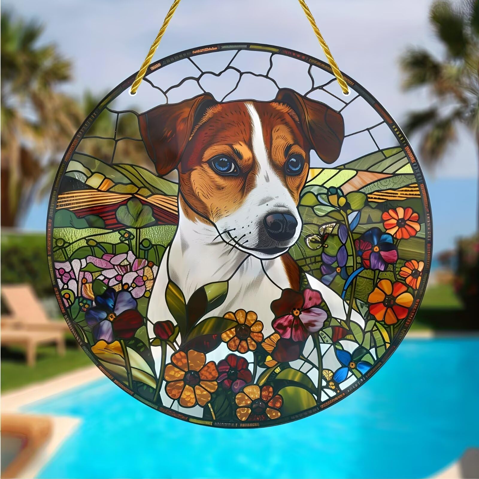 Colorful Acrylic Dog Suncatcher 7" Hanging Window Decoration with Stained Glass 