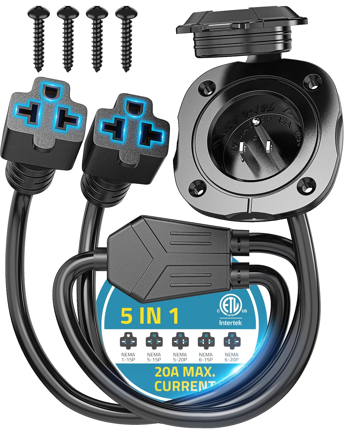20A 125V RV Shore Power Inlet Plug, w/ 18" Dual Extension Cord