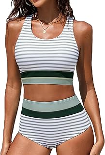 Women's High Waisted Bikini Set Two-Piece Swimsuit Color Block Sports Athletic Moderate Cover Swimwear